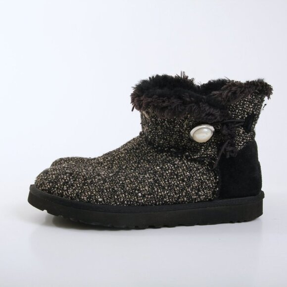 UGG Mini Bailey Button Fancy Tweed Boots in Black Women Size 8 - Picture 4 of 15